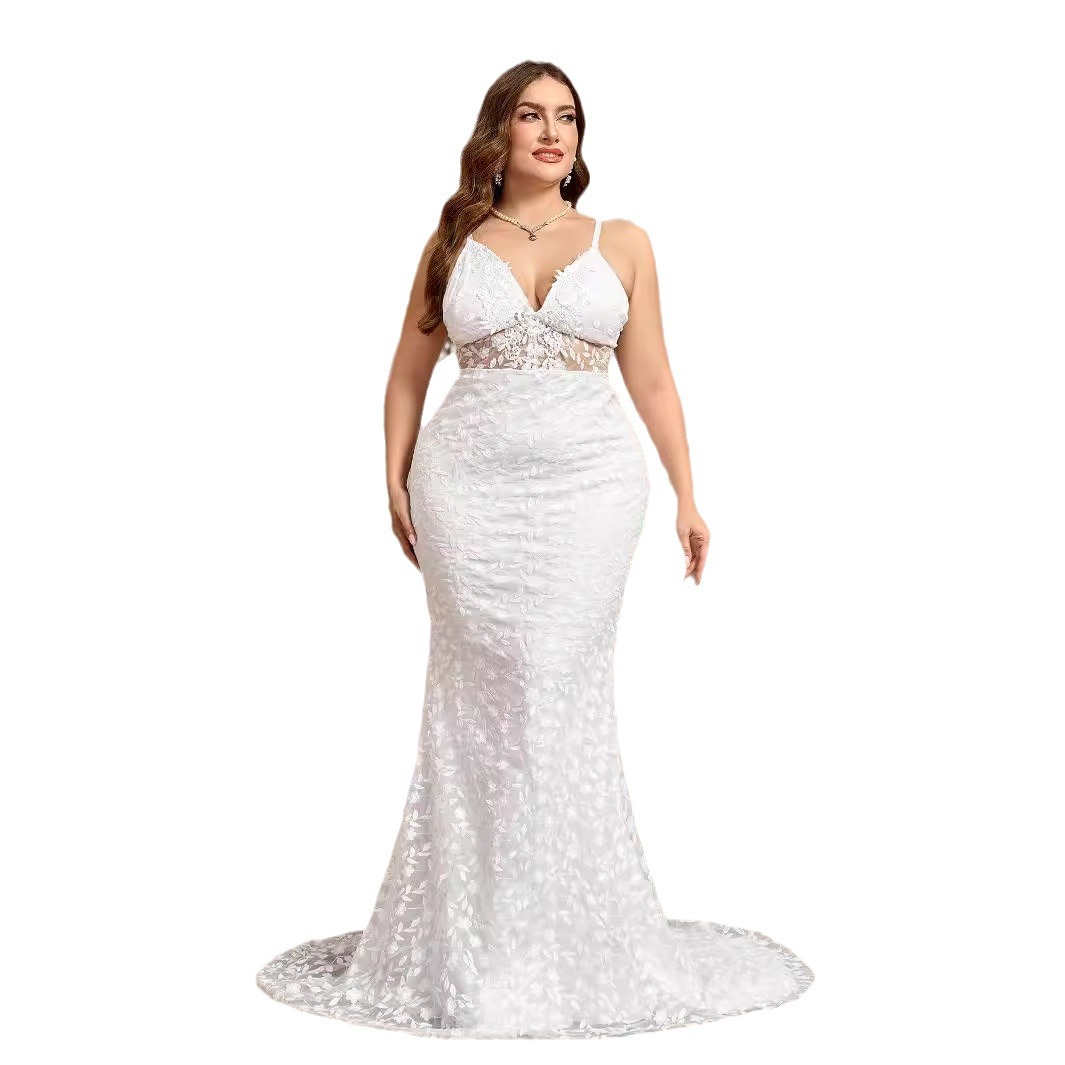Women's Clothing large size sexy trailing white sling V neck trailing wedding dress without chest cotton_voghion.com