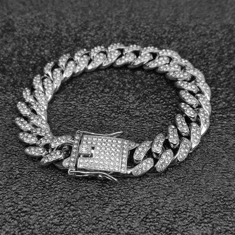 Bracelet hip hop en diamant d'eau, 12mm d'épaisseur et de large, chaîne cubaine tendance, bijoux_voghion.com