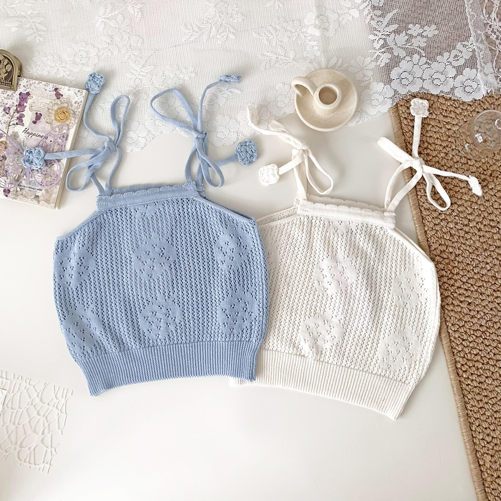 Cutemily Summer Girl Knit Tank Top for Girls with Lace Straps and Hand Hook Flowers, Thin Strapless Backless Top