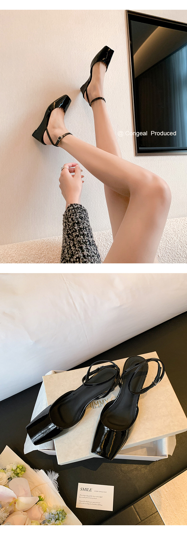 Sandal cao gót nữ mũi vuông quai mắt cá chân, gót xuồng 9 cm — đen, Màu trắng nhạt, bạc chi tiết 18