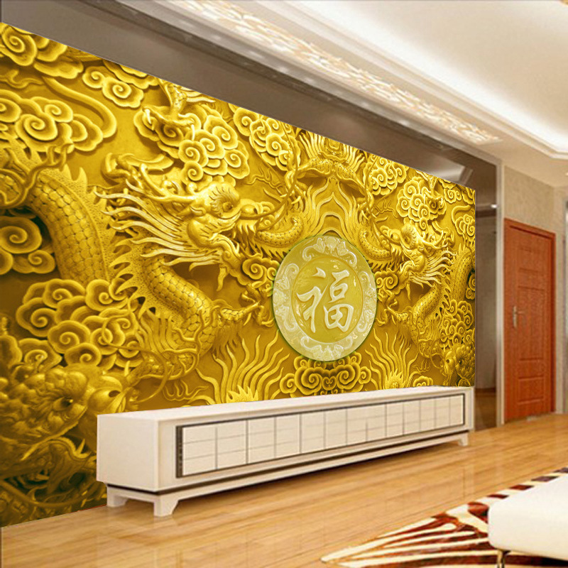 8D立体浮雕金色龙酒店大堂壁纸3D宾馆玄关无缝墙布5D背景墙纸壁画