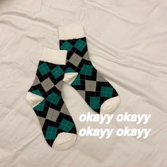 韓版ins墨綠色菱格襪子個性拼接森系中筒襪學生學院風復古襪子女