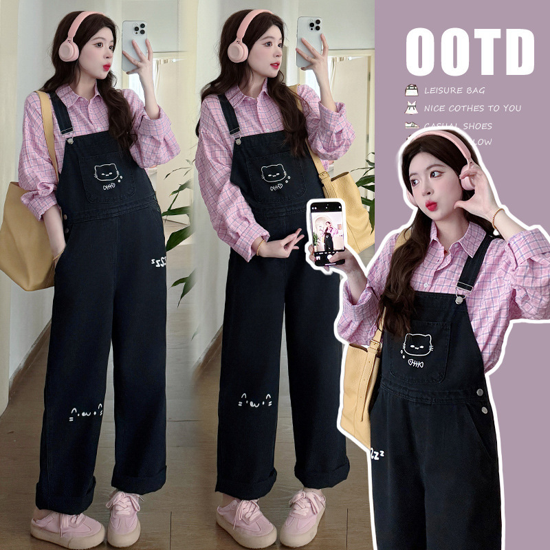 2025 Spring New Printed Casual Cute Denim Maternity Overalls + Shirt Set for Stylish Moms, Two-Piece Slimming Look