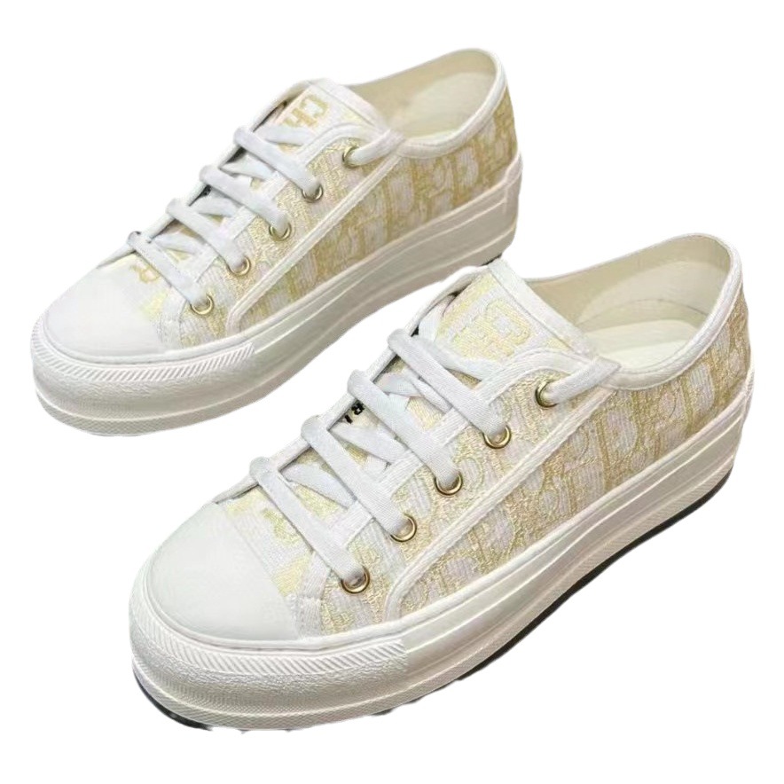 2026 New Model Embroidered Canvas Women's Shoes with Thick Soles, Versatile Height-Increasing White Sneakers, Round-Toe Casual Sports Sneakers