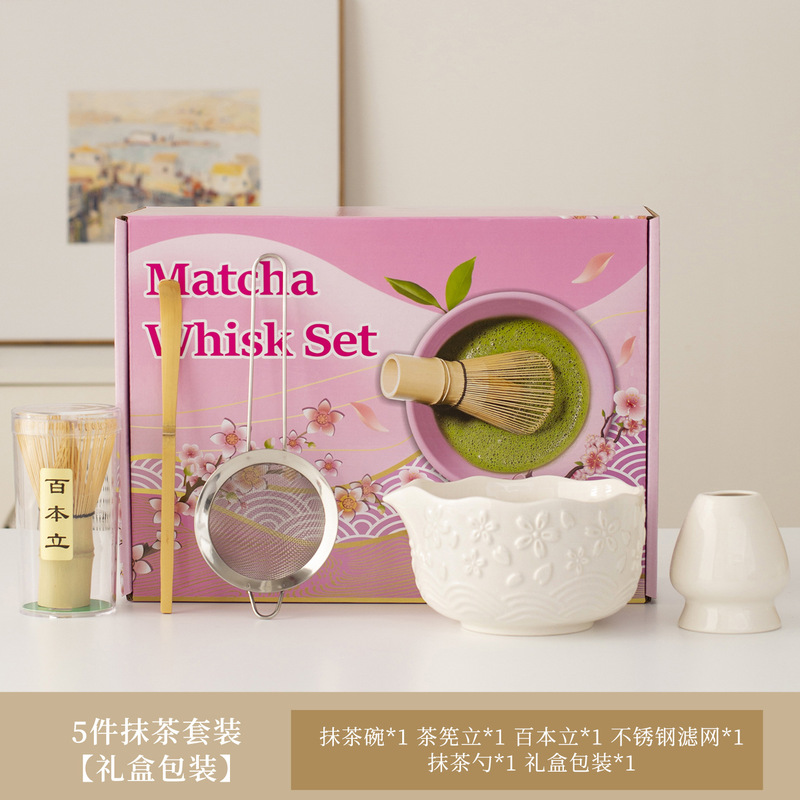日式跨境樱花抹茶碗茶具套装茶刷宋代点茶打抹茶工具竹茶筅百本立|undefined