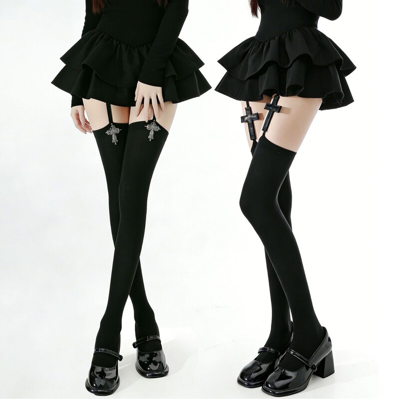 Black Cross-Patterned Suspender Stockings for Women, High Elasticity Thigh-High Stockings, Plus-Size Long Stockings