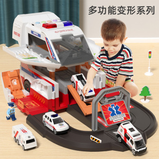 Cross-border new children's deformation fire engineering car storage track parking lot boy car model toy