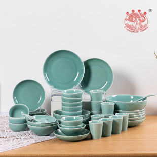 Longquan celadon bowl, plate, dish, tableware combination suit ceramic household large set hotel Chinese housewarming gift box