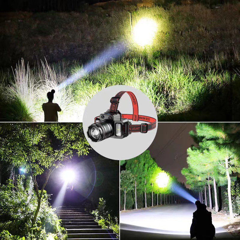 Inducción de cabeza de luz fuerte faro recargable iluminación remota al aire libre linterna LED superbrillante rojo y azul lámpara de minería lateral