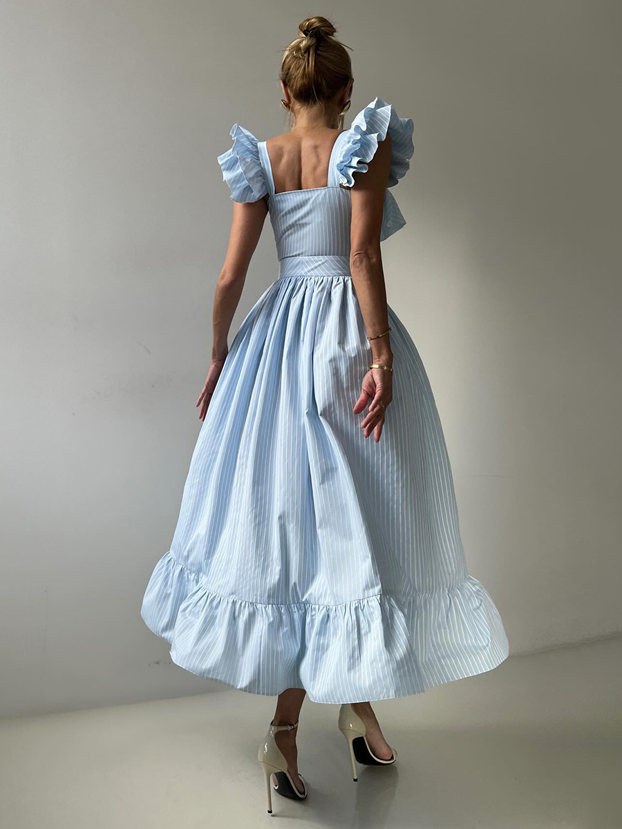 Women's Clothing Striped Dress Button Down Cardigan Waist Cinching Long Dress Summer New Style Flutter Sleeve_ecoleips.com