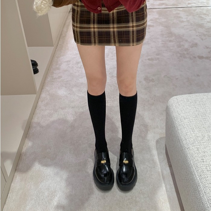 羊皮贵气小金币圆头小皮鞋粗跟厚底单鞋一脚蹬真皮配裙子乐福鞋女|undefined