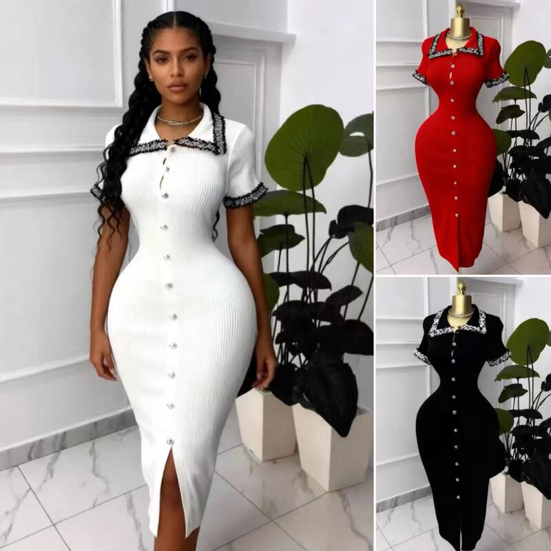 European and American Cross-Border Women's Clothing Contrasting Color Lace Lapel Knitted Dress Single-Breasted Slim Fit Hip-Covering Mid-Length Skirt