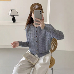 秋季新款女装韩系气质刺绣麻花圆领毛衣时尚百搭长袖针织开衫上衣