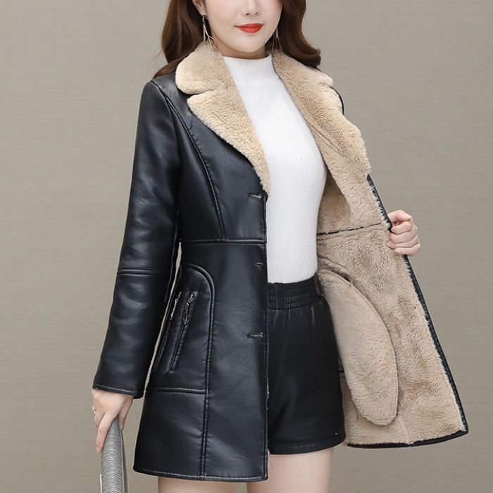 Autumn and Winter Leather Jacket for Women, Velvet and Thickeneded, Mid-Length, Korean Style 2024 New Style, Slim Fit, Waisted Pu Jacket, Trendy