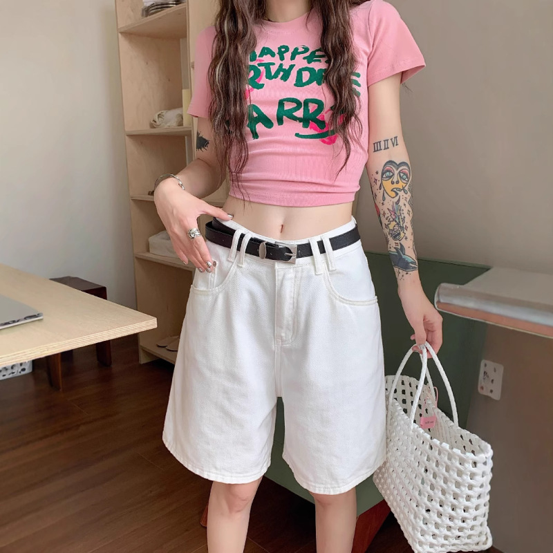 White 2025 Summer Vintage Classic All-match Denim Five-point Pants Women's High Waist Straight Wide-leg Pants Casual Pants Shorts