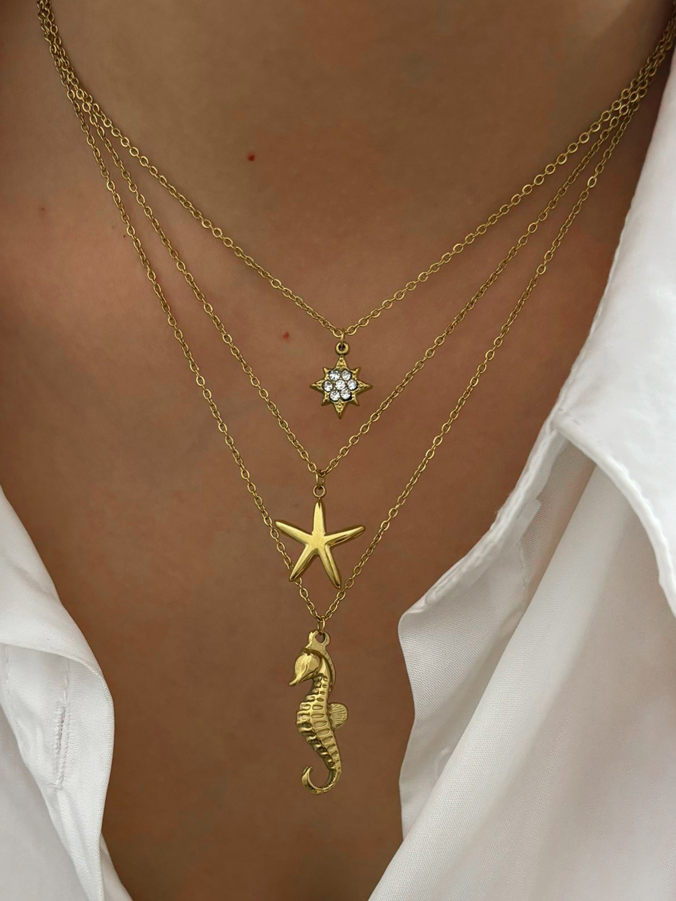 316L Stainless Steel Pendant Material 18K Gold Plated 316L Stainless Steel Rhinestones Starfish Hippocampus Waterproof Non Tarnish Surgical Steel IG Style Cable Chain Pendant Necklace For Women's