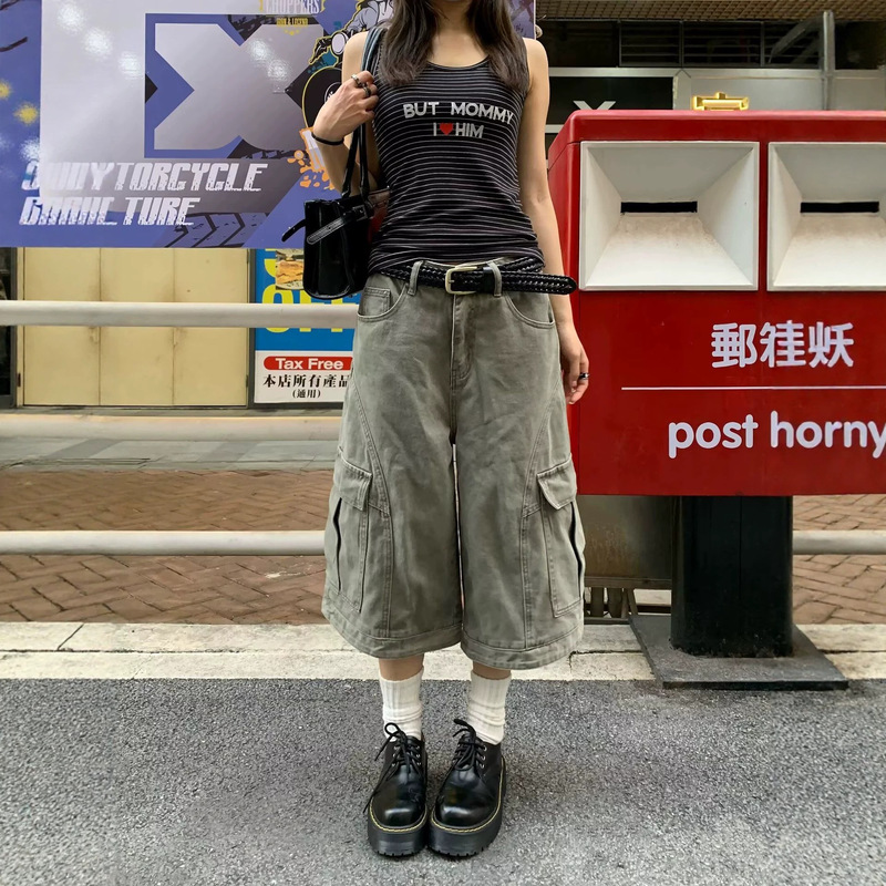 American-style multi-pocket cropped jeans for women, summer thin loose casual wide-leg workwear cropped pants, slimming for girls American-style multi-pocket cropped jeans for women, summer thin loose casual wide-leg workwear cropped pants, slimming for girls