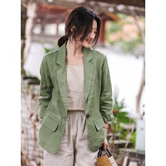 文芸レトロ亜麻の小さいスーツのコートの女性の薄い金の7分袖の春夏の新型の綿麻のカジュアルなスーツの上着