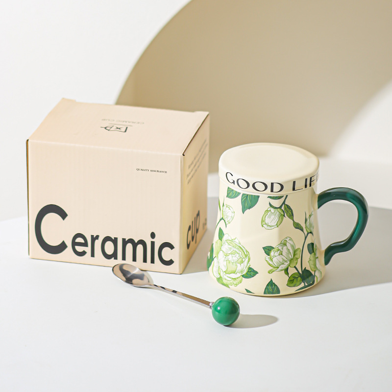 Taza de agua de cerámica de orquídea de campana, taza de café de gran capacidad, taza de desayuno con tapa de diseño, taza de café