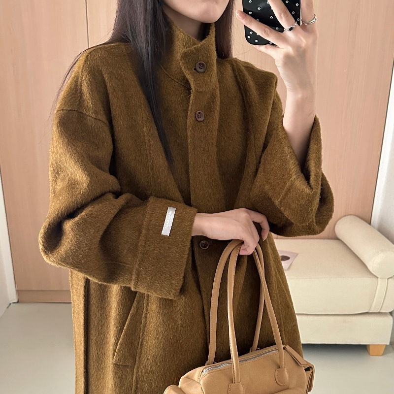 2025双面羊绒大衣长毛加厚立领毛呢外套女宽松韩版全羊毛呢子大衣
