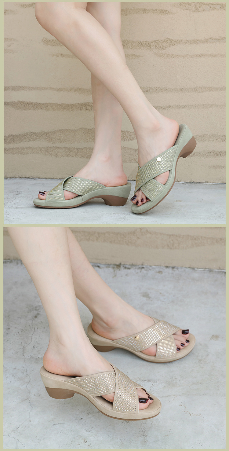Sandal cao gót nữ hở mũi đính đá gót dốc chống trượt đi làm 2025 — Màu đen, Màu xanh lá, Màu mơ chi tiết 6