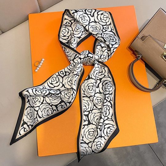 Long Silk Scarf Women's High-end Small Square Scarf Spring and Autumn Summer Black Neck Protection Scarf Matching Shirt Ribbon Ribbon Tie