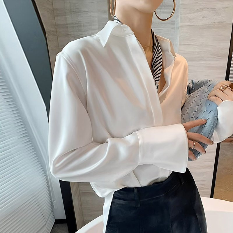 醋酸高级感女上衣2025秋季新款缎面白衬衫法式气质正装职业衬衣|undefined
