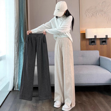 加工定制人字纹毛呢开叉直筒窄版阔腿裤加绒加厚高腰显瘦休闲裤子