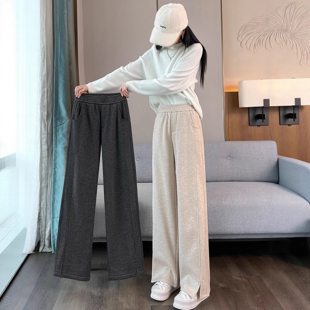 加工定制人字纹毛呢开叉直筒窄版阔腿裤加绒加厚高腰显瘦休闲裤子