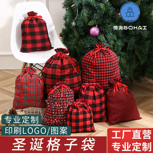 Christmas red black plaid bundle pocket polyester cotton linen bag candy biscuit storage bag drawstring gift bag gift bag