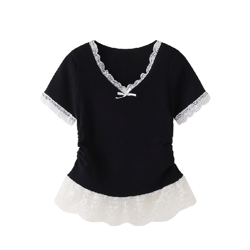 Summer Women's 2025 New Lace V-Neck Splicing Pleated Knitted Short-Sleeved Tops Summer Women's 2025 New Lace V-Neck Splicing Pleated Knitted Short-Sleeved Tops