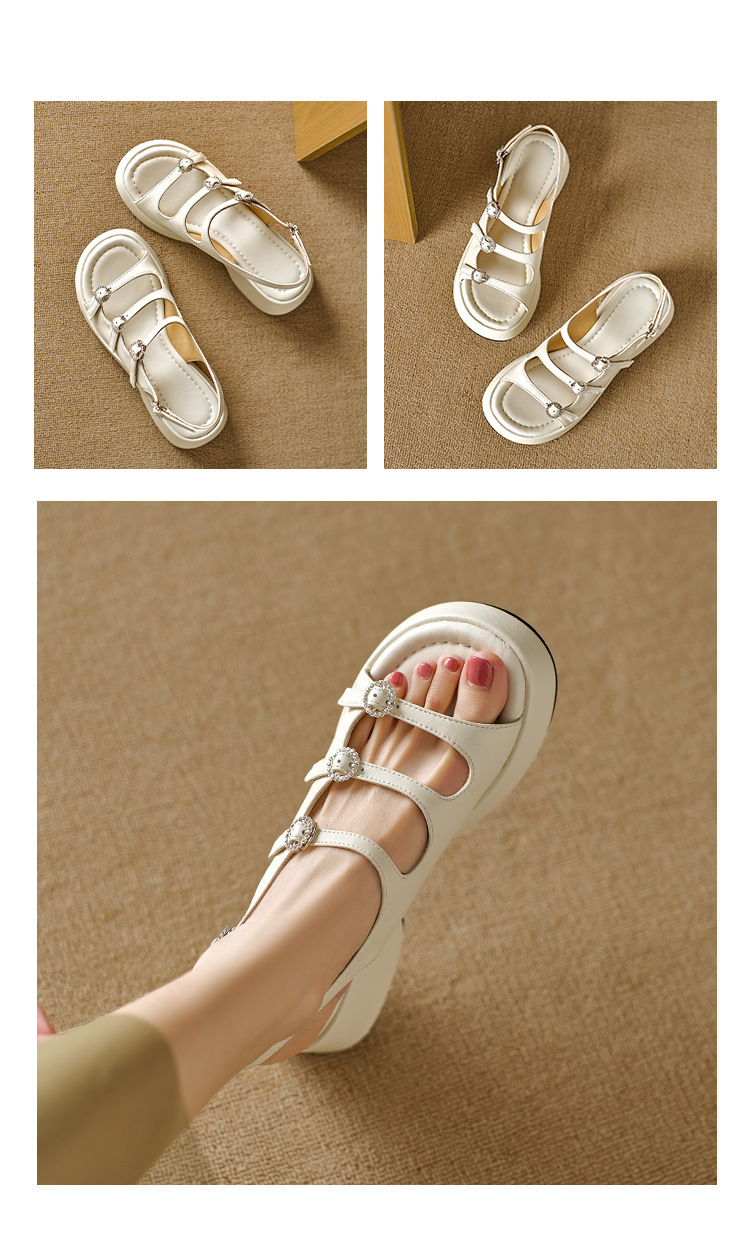 Sandal nữ quai ngang hở mũi mũi tròn đế dày tăng chiều cao da cừu mùa hè 2024 — Màu đen, Màu trắng be, Màu bạc chi tiết 6