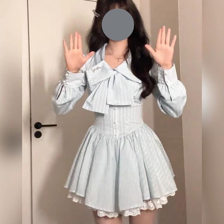 甜美纯欲秋季蕾丝花边蝴蝶结高级感长袖蓝色收腰显瘦蓬蓬连衣裙女|undefined