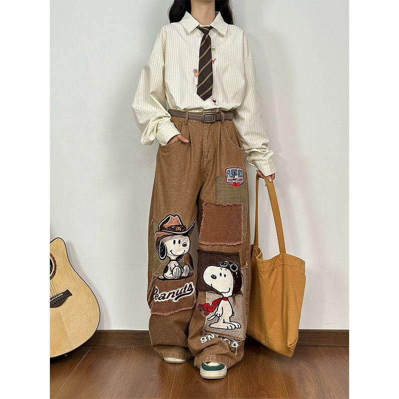 Snoopy Cartoon Embroidered Patchwork Jeans for Women 2025 Winter New Loose Wide-Leg Pants Straight-Leg Pants Snoopy Cartoon Embroidered Patchwork Jeans for Women 2025 Winter New Loose Wide-Leg Pants Straight-Leg Pants