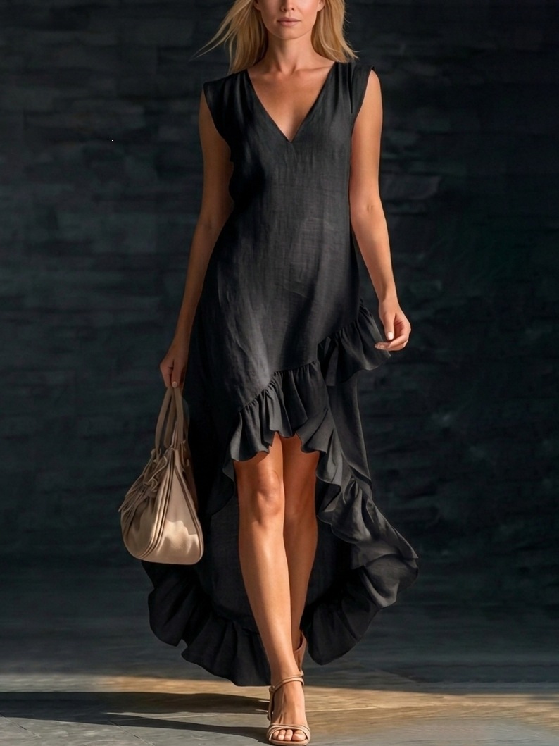 Fashionable Romantic Sleeveless V Neck Ruffled Hem Cotton Linen Long Dress For Women New_ecoleips.com