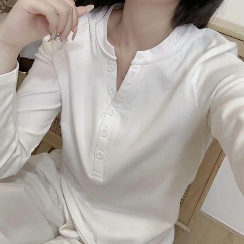 40-count combed cotton Henley collar long-sleeve T-shirt for women, elegant and simple Korean style, solid color, versatile button-down casual top 40-count combed cotton Henley collar long-sleeve T-shirt for women, elegant and simple Korean style, solid color, versatile button-down casual top