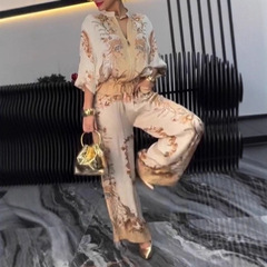 2025新款欧美亚马逊时尚立体印花花朵拉链抽绳上衣长裤两件套