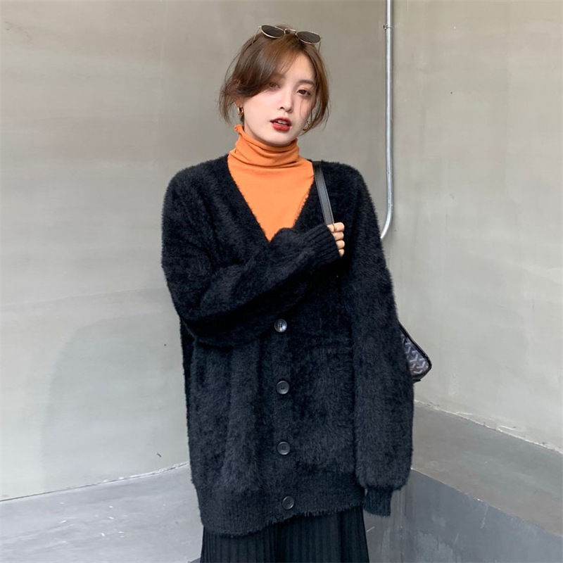 跨境热销高克重貂绒感针织开衫女2025秋冬厚款宽松灯笼袖毛衣外套|undefined