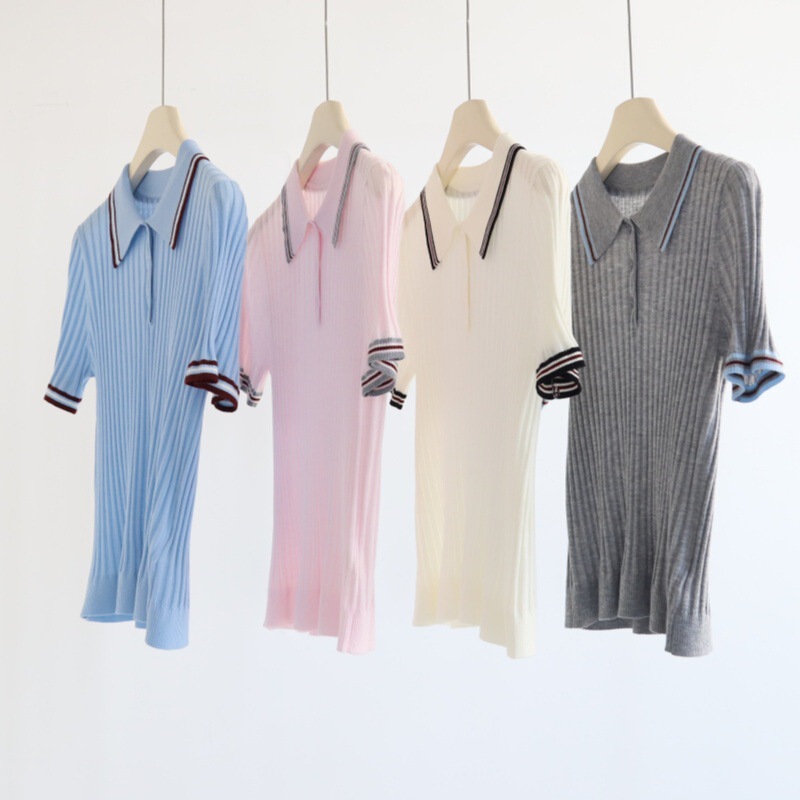 33 Wool Academy Style Textured Slimming Polo Collar Color-Block Ribbed Knit Top Women's Turn-Down Collar Short Sleeve