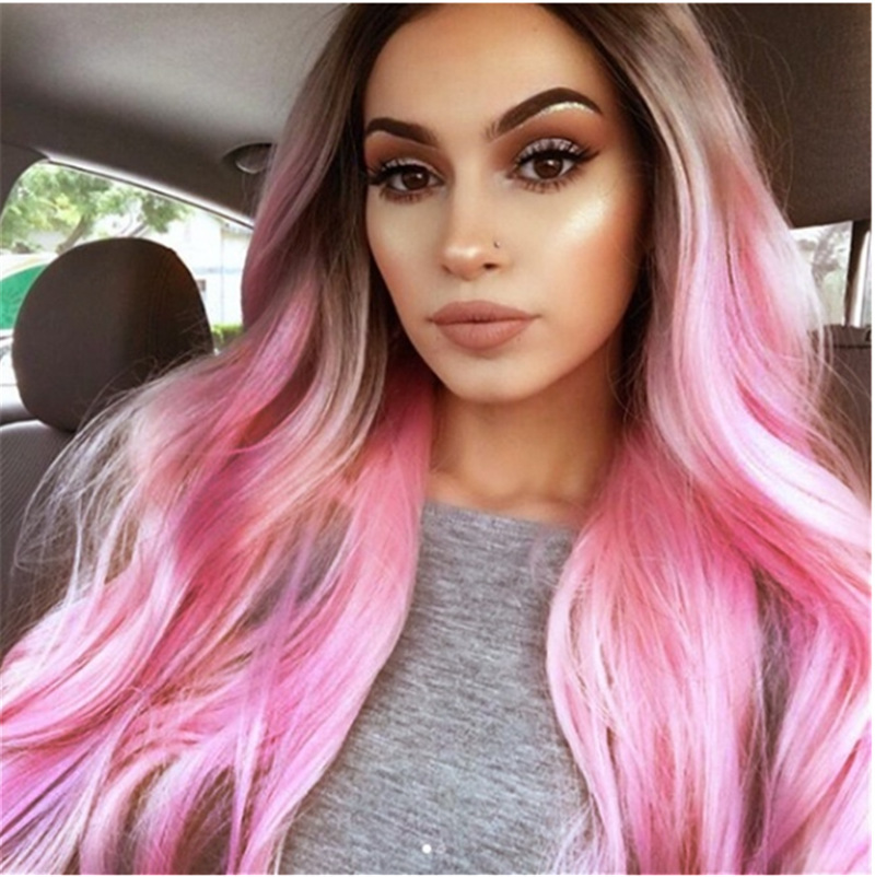 Übertriebene Farbe Perücke Weiblich Schwarz Farbverlauf Grün Rosa Mittellange Lockige Haare Kopfbedeckungen display picture 3