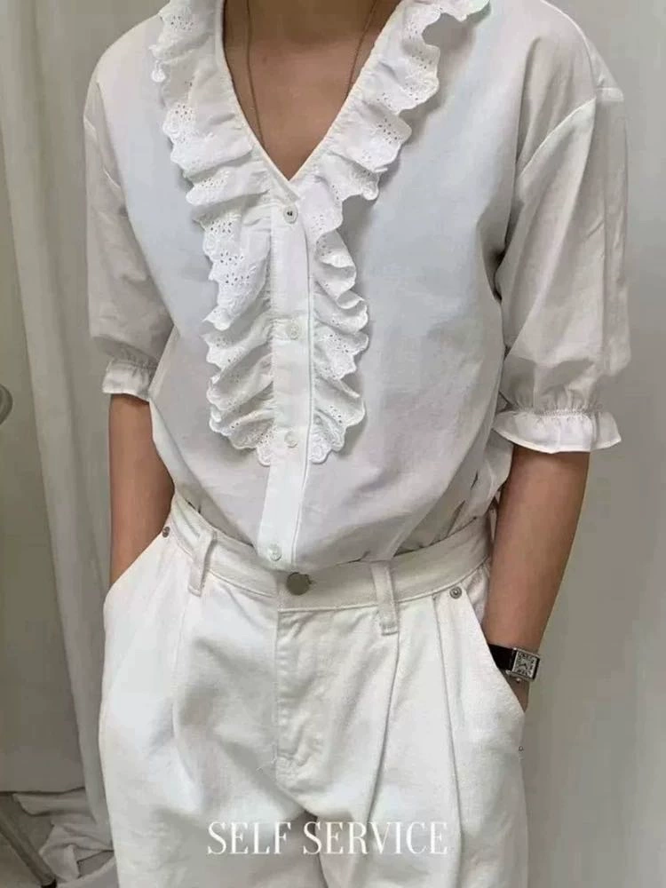 South Korean goods, summer short shirt, western style, V-neckline