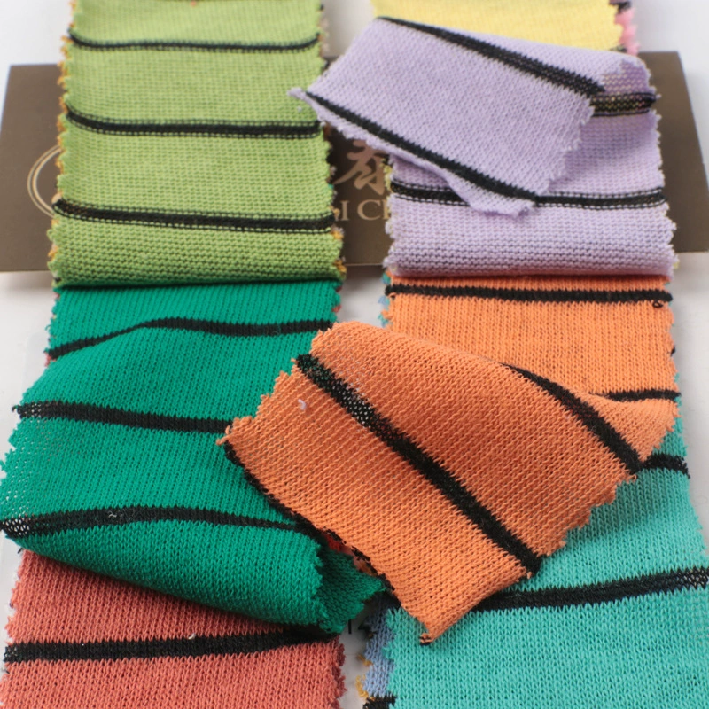 Colored woven strips between strips 125g polyester-cotton cvc dry stretch single jersey light knitted striped fabric