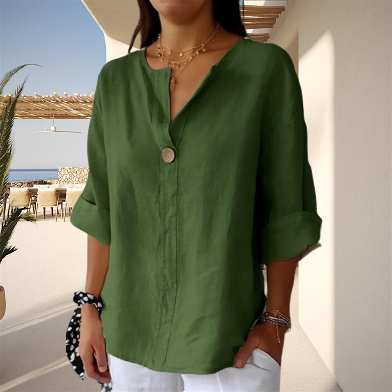 Women's Loose Fit V Neck 7/8 Sleeve Cotton Button Front Tunic Top – Casual Summer Blouse 2026_ecoleips.com