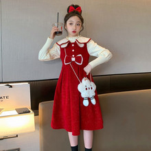 女童连衣裙秋冬新款套头毛衣公主裙洋气时髦两件套儿童红色背心裙