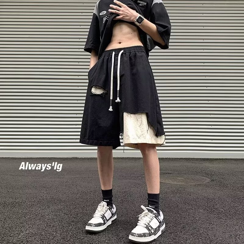 WASSUP Shorts Men's Summer Hole Splicing Five-point Mid-pants Handsome Large Size Loose Casual Basketball Sports