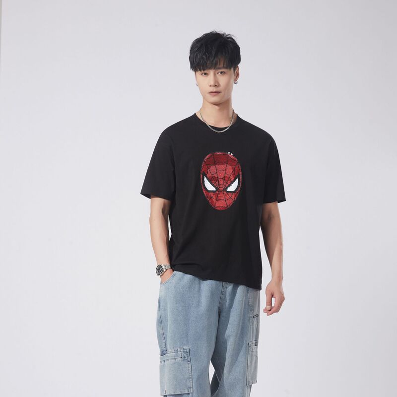 2026 Summer Iron Man Round Neck Sequin Short Sleeve T-Shirt Spider-Man Face Changing Loose Half-Sleeve Top Men's Fashion Brand