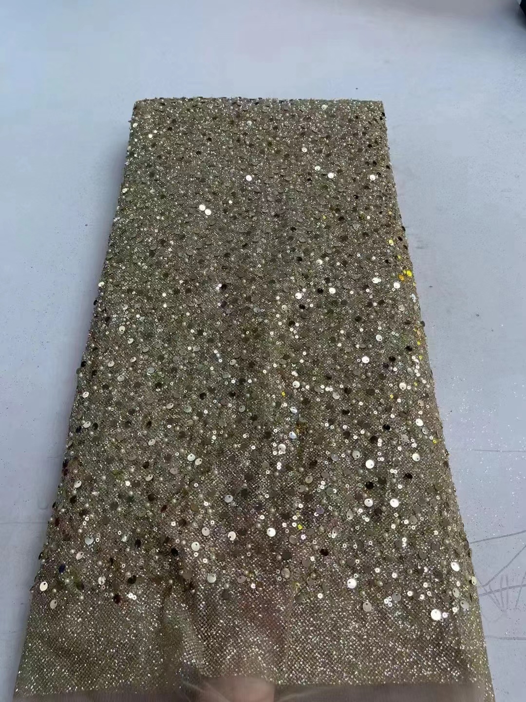 En stock 3mm cuentas de oro lentejuelas tela vestido de boda bolsa de ropa para niños cheongsam moda DIY tela JX2638