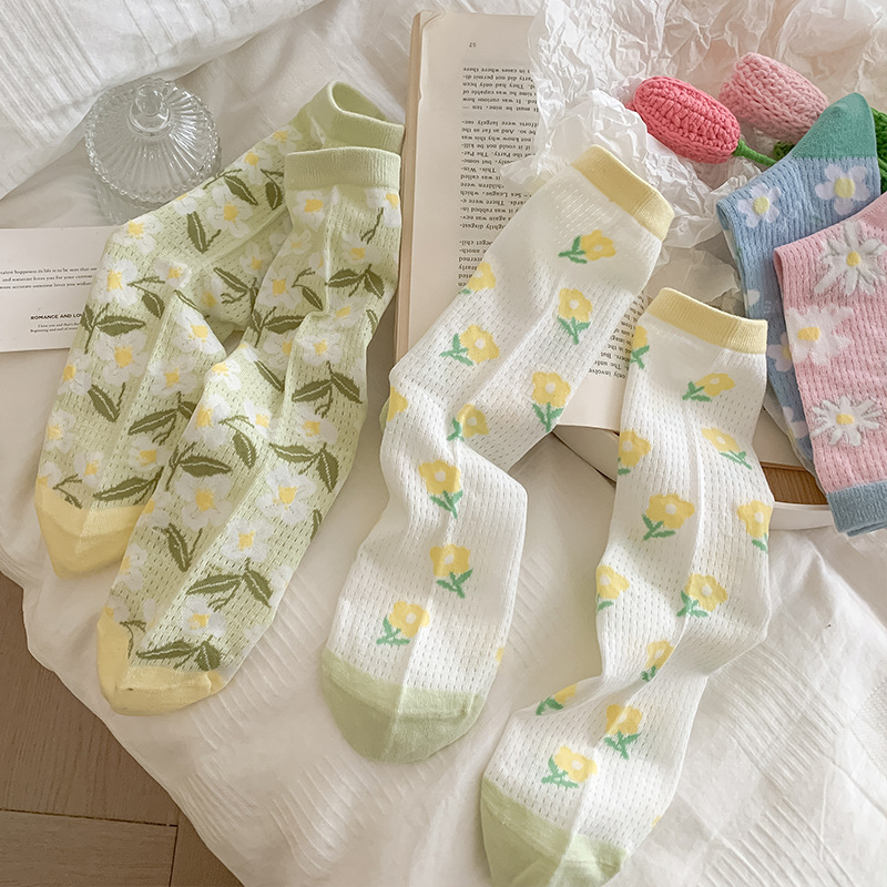 Zhuyan niños y niñas de verano mediano delgado calcetines de malla de flores transpirables calcetines de pila de calcetines de primavera y verano sin hueso al por mayor