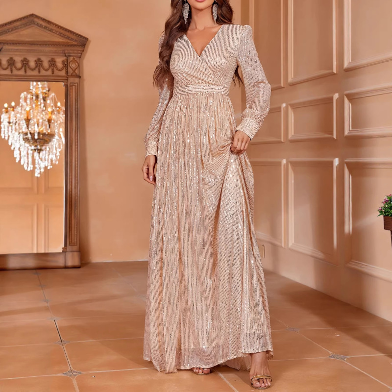 New Cross-Border Dress in Apricot Color with Sequins, V-Neck, Long Sleeves, Elegant Ball Gown, Elegant Evening Dress New Cross-Border Dress in Apricot Color with Sequins, V-Neck, Long Sleeves, Elegant Ball Gown, Elegant Evening Dress