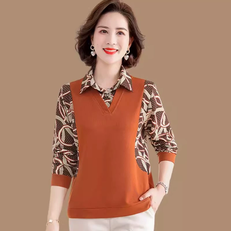 Средний и пожилой женский костюм иностранные топы поддельные две нижние рубашки женские футболки с длинными рукавами рубашки весна и осень новый пуловер